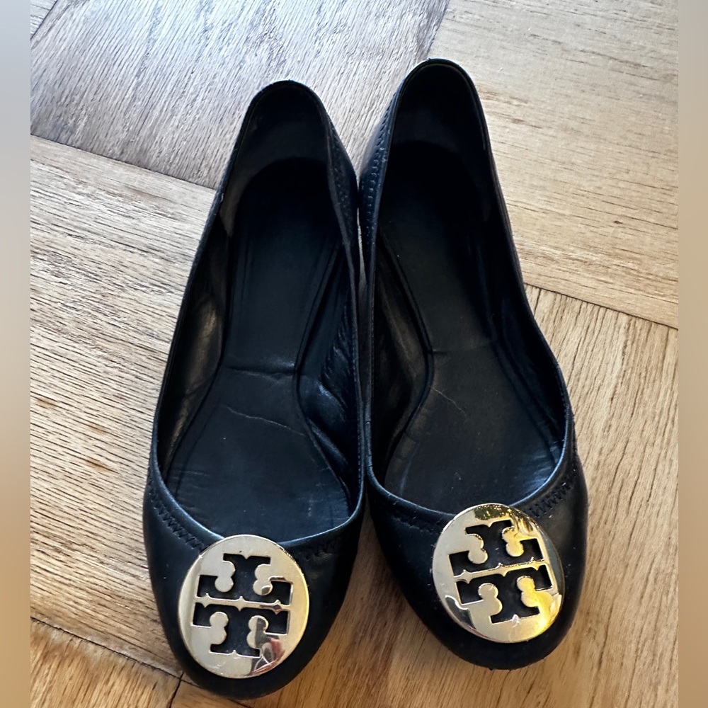 Tory Burch Benton Black Nappa Leather Gold Tone Reva Ballet Flats 8